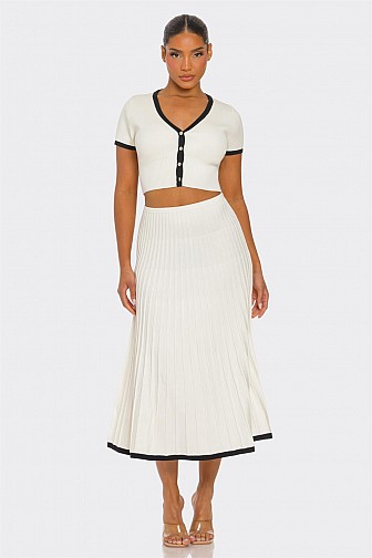 CONTRAST KNIT CROP CARDIGAN AND RIBBED KNIT MIDI SKIRT SET