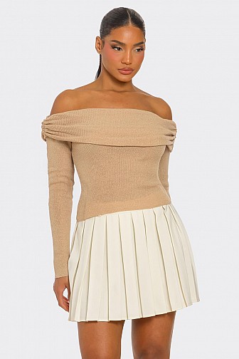 RIBBED KNIT LONG SLEEVE OFF SHOULDER TOP