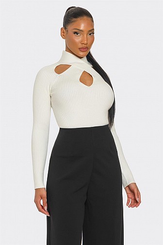 CUT OUT FRONT RIBBED KNIT LONG SLEEVE TOP