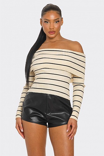 RIBBED KNIT CONTRAST STRIPE OFF SHOULDER TOP