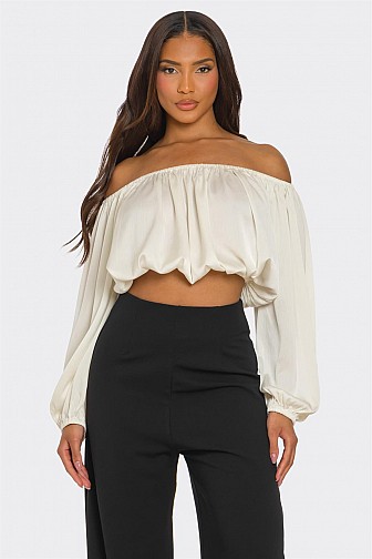 PLEATED SATIN OFF SHOULDER BLOUSE